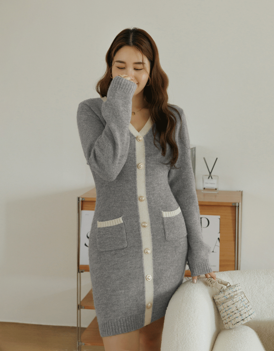 V-Neck Buttoned Knit Mini Dress