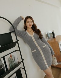 V-Neck Buttoned Knit Mini Dress