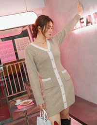 V-Neck Buttoned Knit Mini Dress