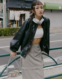 【SHIUAN'S DESIGN】Oversize Faux Leather Baseball Blazer Jacket