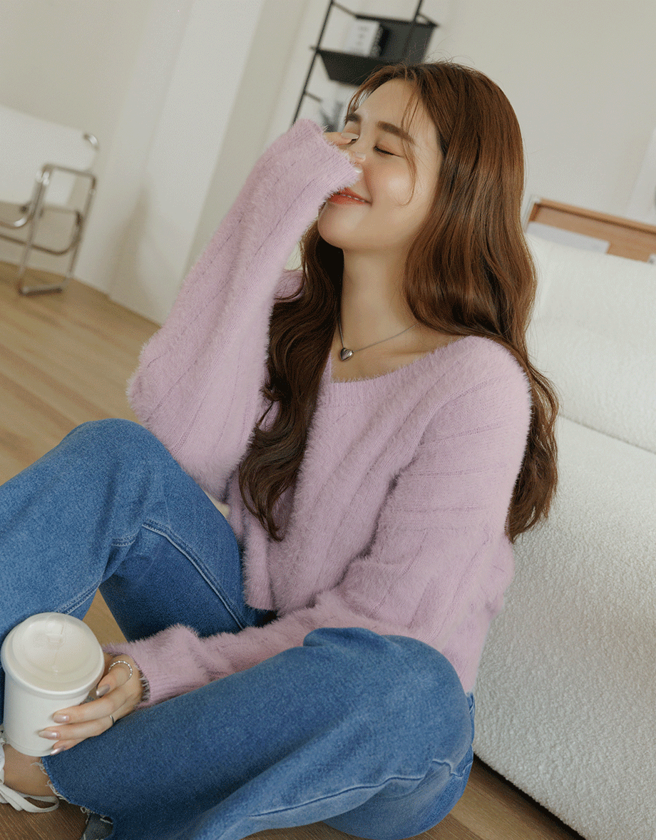 V Neck Fluffy Sweater Knit Top