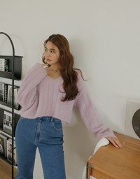 V Neck Fluffy Sweater Knit Top