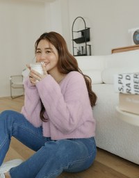 V Neck Fluffy Sweater Knit Top