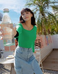 Sloping Shoulder Smooth Long Sleeve Top (With Padding)