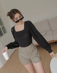 Square Neck Tweed Puff Sleeve Top