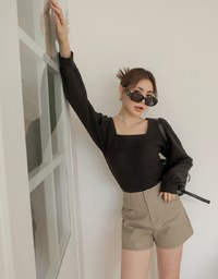 Square Neck Tweed Puff Sleeve Top