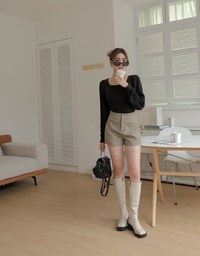 Square Neck Tweed Puff Sleeve Top