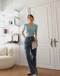 Sexy Side Cut Denim Jeans Wide Leg Pants