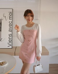 Faux 2 Peice Spliced Round Neck Shirt Mini Dress