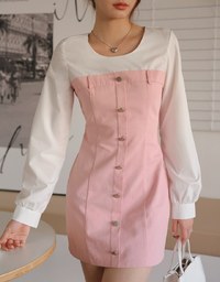 Faux 2 Peice Spliced Round Neck Shirt Mini Dress