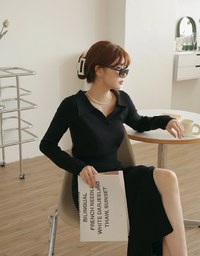 Lapel Knit Slit Maxi Dress