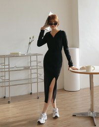 Lapel Knit Slit Maxi Dress