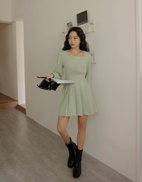 Sweet Square Neck Pleated Mini Dress