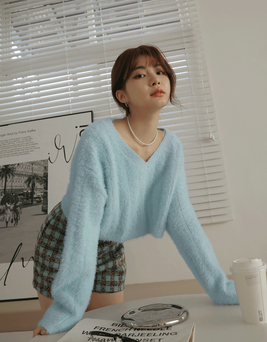 V Neck Fluffy Sweater Knit Top