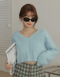 V Neck Fluffy Sweater Knit Top