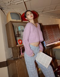 V Neck Fluffy Sweater Knit Top
