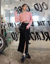 Front Slit Stitched Denim Jeans Maxi Skirt