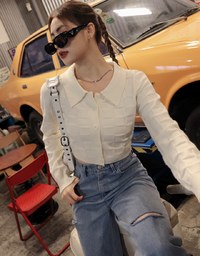 Detailed Plaid Collar Knit Top