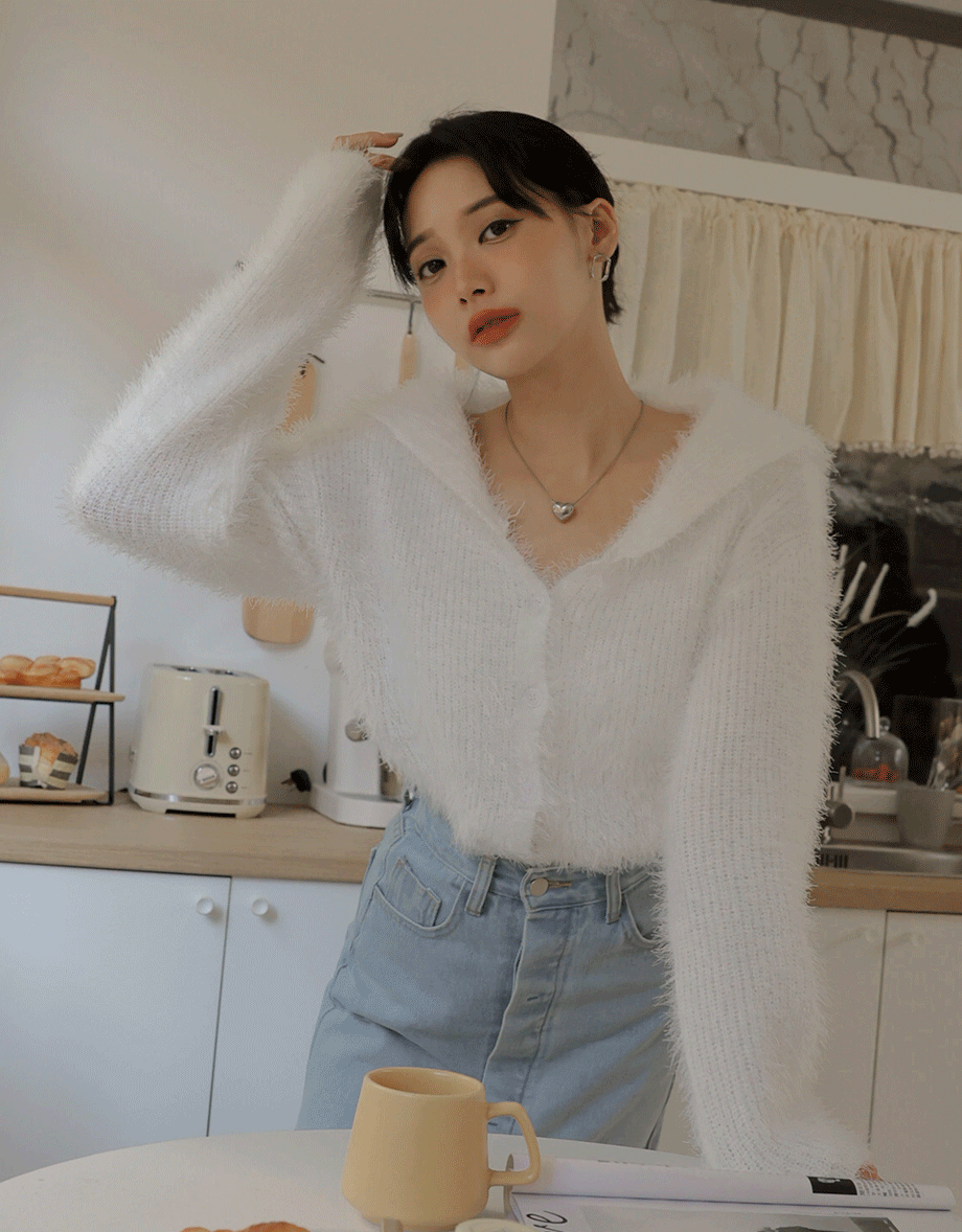 Faux Mink Fluffy Knit Top Cardigan With Preppy Collar