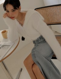 Faux Mink Fluffy Knit Top Cardigan With Preppy Collar