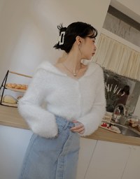 Faux Mink Fluffy Knit Top Cardigan With Preppy Collar