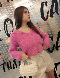 Faux Mink Fluffy Knit Top Cardigan With Preppy Collar