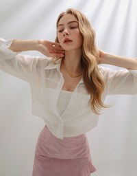 Wrinkled Sheer Double-Pocket Collar Blouse