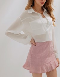 Wrinkled Sheer Double-Pocket Collar Blouse