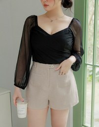 Heart Neckline Scrunch Patchwork Sheer Top
