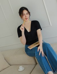 Sheer Ruched Splice Short Sleeve Top