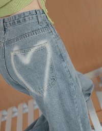 【Den!m LITE】Washed Heart Denim Jeans Wide-Leg Pants