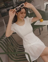 Plaid Patterned Fishtail Mini Dress With Puff Sheer Sleeves & Hem Ruffles
