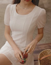 Plaid Patterned Fishtail Mini Dress With Puff Sheer Sleeves & Hem Ruffles