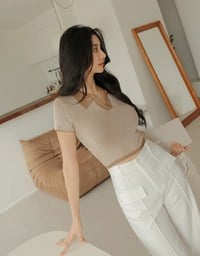 Turn-over Collar Striped Knitted Top