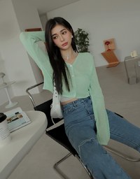 Pastel Color Correction Heart Shaped Button Knit Top