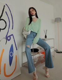 Pastel Color Correction Heart Shaped Button Knit Top