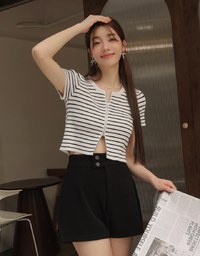 Double Sided Zippers Striped Knit Crop Top