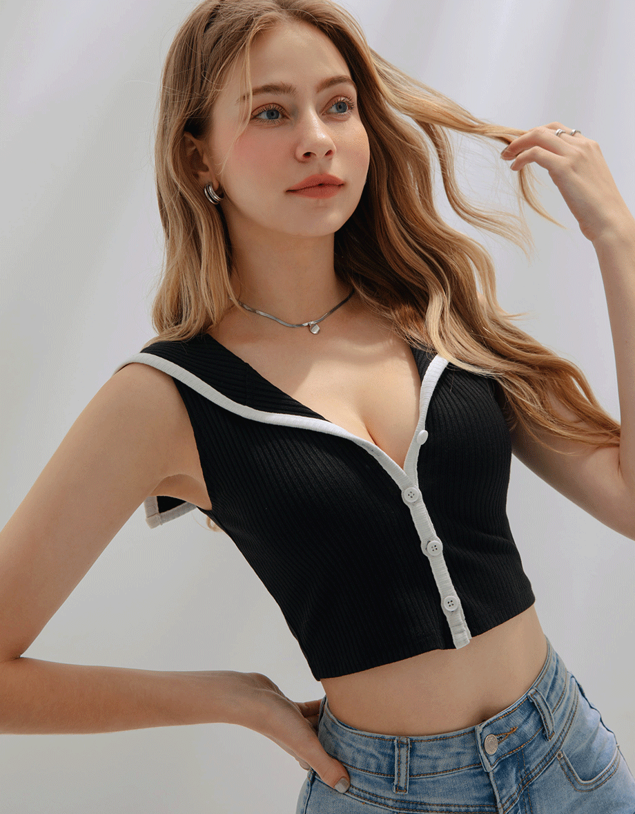 Collared Contrast Ribbed Tank Top