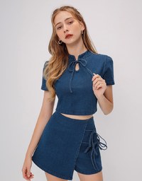 Qipao TOP Denim Jeans Texture Ribbon Bow Cheongsam Design