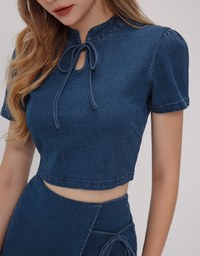 Qipao TOP Denim Jeans Texture Ribbon Bow Cheongsam Design
