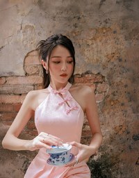 【HXA Design】 Satin Floral Embroidery Halter Cheongsam Qipao Top H02