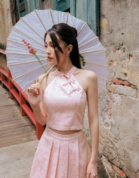 【HXA Design】 Satin Floral Embroidery Halter Cheongsam Qipao Top H02