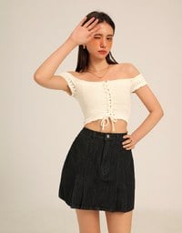 【Den!m LITE】Denim SKORT with Corset Waistline Extra High Waisted Pleated Jeans