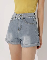 【Den!m LITE】High Waisted Denim Shorts Cuffed Fringe Jeans