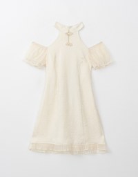 Qipao DRESS Pearl Embellished Cut Out Shoulder Cheongsam Mini Dress