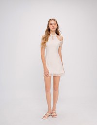 Qipao DRESS Pearl Embellished Cut Out Shoulder Cheongsam Mini Dress