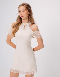 Qipao DRESS Pearl Embellished Cut Out Shoulder Cheongsam Mini Dress