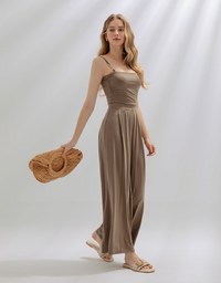 Asymmetric Gold-Trimmed Silky Jumpsuit
