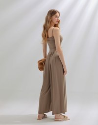 Asymmetric Gold-Trimmed Silky Jumpsuit