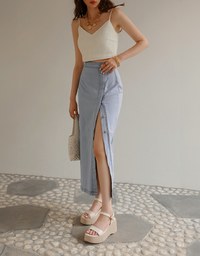 【Den!m LITE】Perfect Waistline Midi Skirt Botton Down Extra High Waisted Denim Jeans Long Skirt